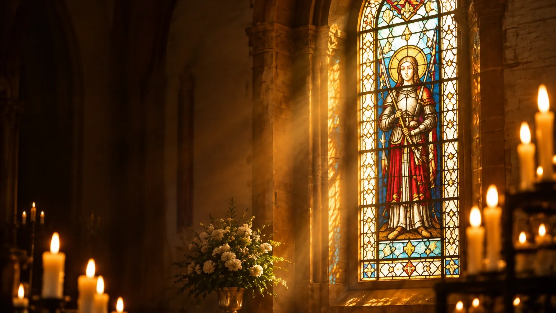 Golden light shining through a stained-glass window in a church